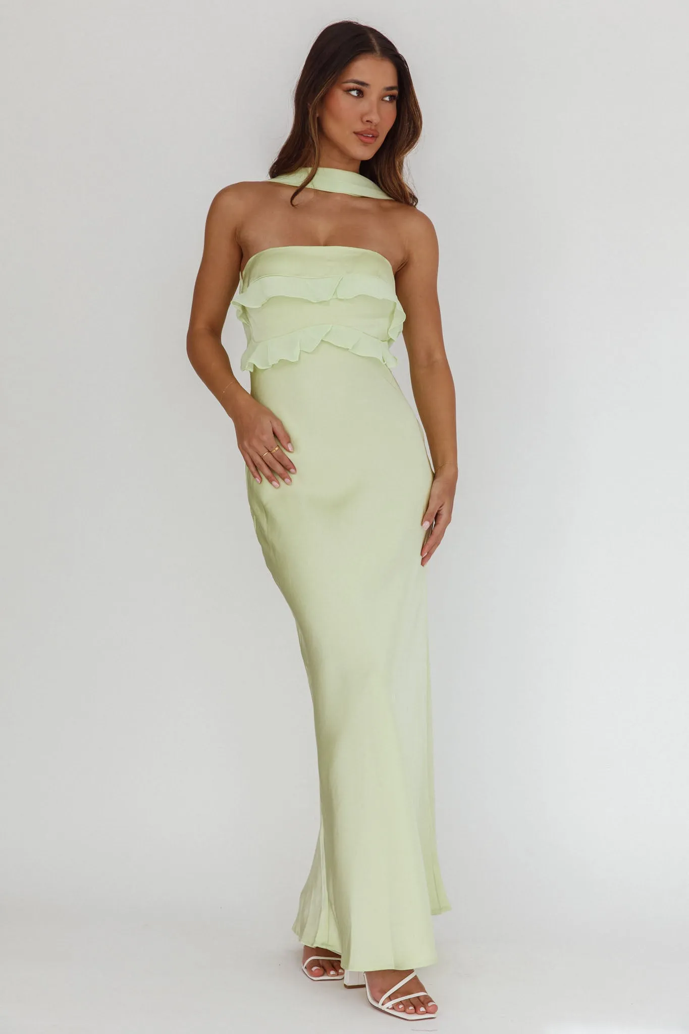 Damsel Reverse Halter Frill Trim Maxi Dress Sage sold by Selfie Leslie