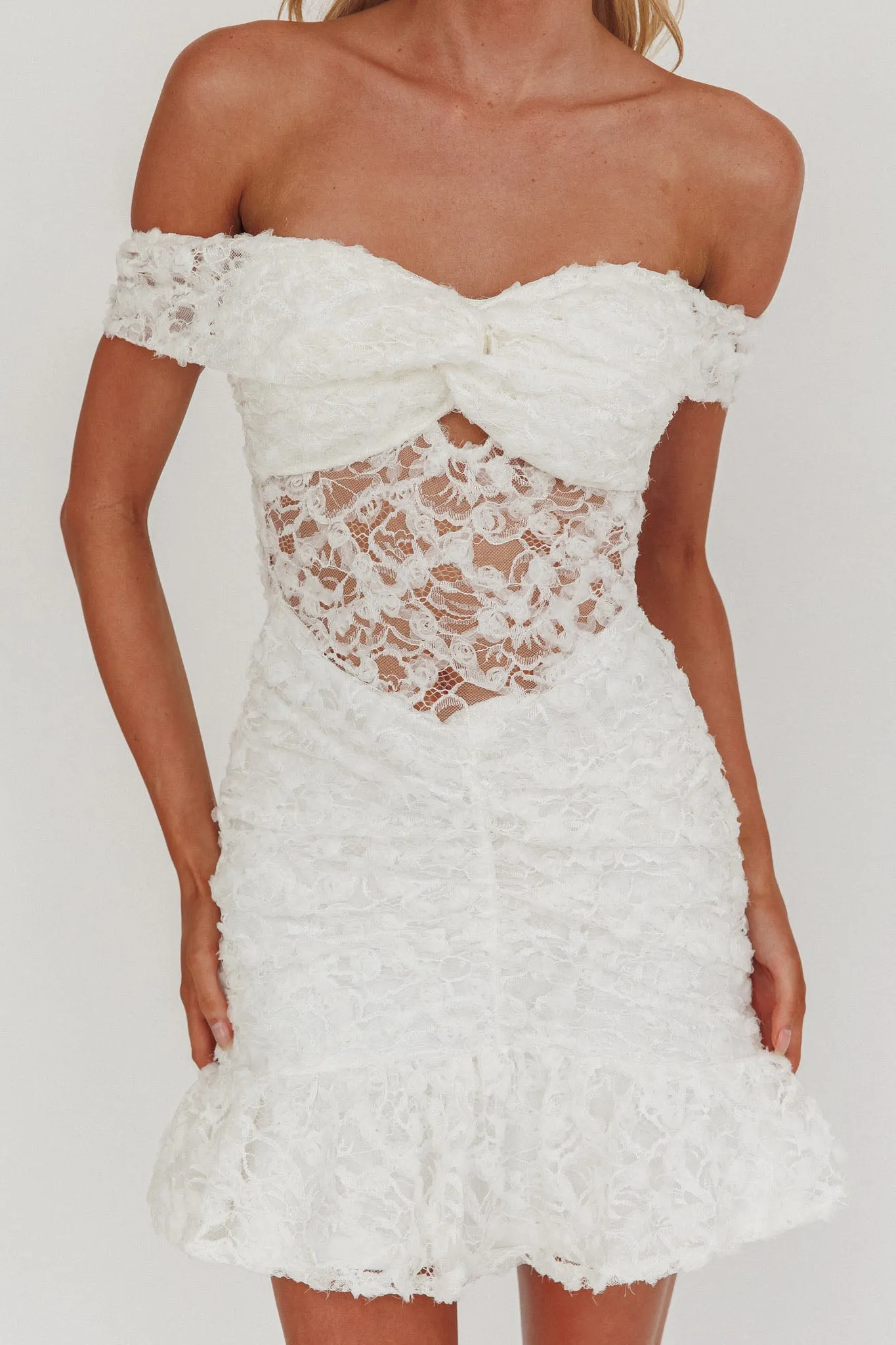 All The Lights Off-Shoulder Lace Mini Dress White sold by Selfie Leslie product image thumbnail 3
