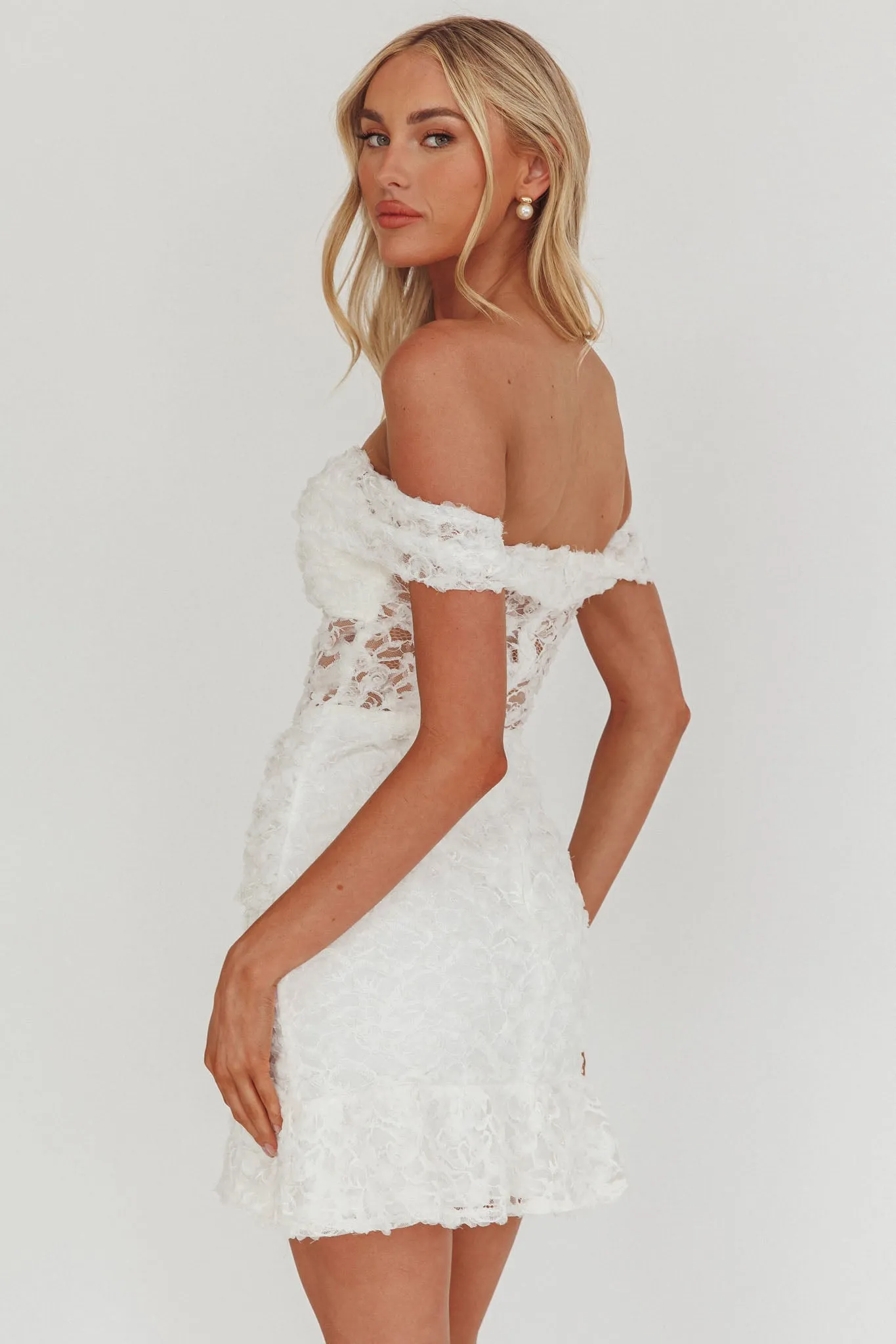 All The Lights Off-Shoulder Lace Mini Dress White sold by Selfie Leslie product image thumbnail 2