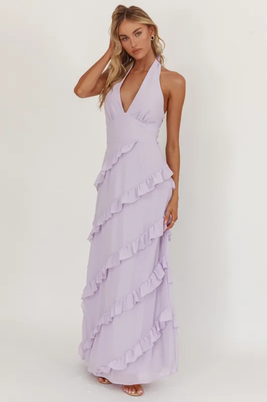 Flirt Frill Trim Halter Maxi Dress Lilac sold by Selfie Leslie