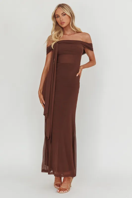 Silver Moon Tied Off-Shoulder Maxi Dress Chocolate sold by Selfie Leslie
