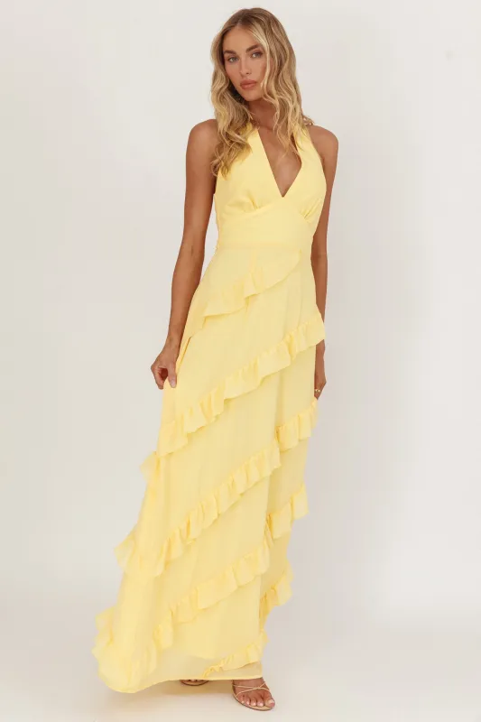 Flirt Frill Trim Halter Maxi Dress Lemon sold by Selfie Leslie