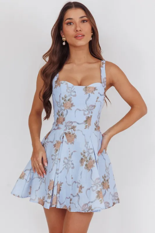 Get My Attention Basque Waist Mini Dress Floral Blue sold by Selfie Leslie