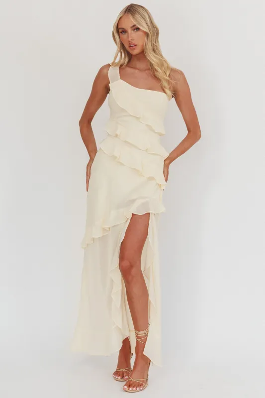Gelina One-Shoulder Frill Trim Maxi Dress Butter sold by Selfie Leslie
