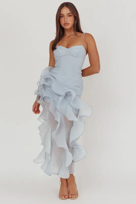 Charmayne Asymmetric Ruffle Trim Maxi Dress Blue sold by Selfie Leslie