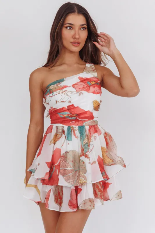Raelene One-Shoulder Ruffle Romper Floral Red sold by Selfie Leslie
