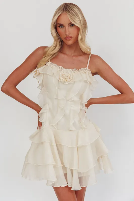 Sweetest Things Frill Trim Rosette Mini Dress Cream sold by Selfie Leslie