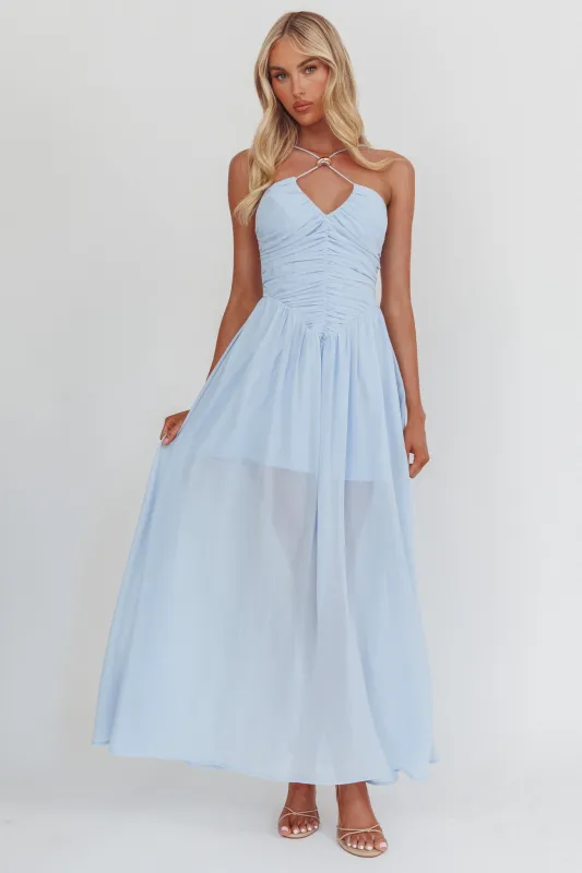 The Dreamers Ruched Basque Waist Maxi Dress Blue sold by Selfie Leslie