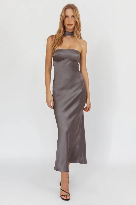 Damsel Reverse Halter Maxi Dress Satin Charcoal sold by Selfie Leslie