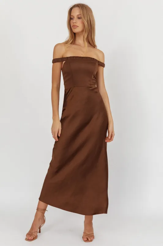 Cari Off-Shoulder Strap Maxi Dress Chocolate sold by Selfie Leslie