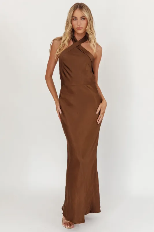 Italia Azure Crossover Halterneck Maxi Dress Chocolate sold by Selfie Leslie