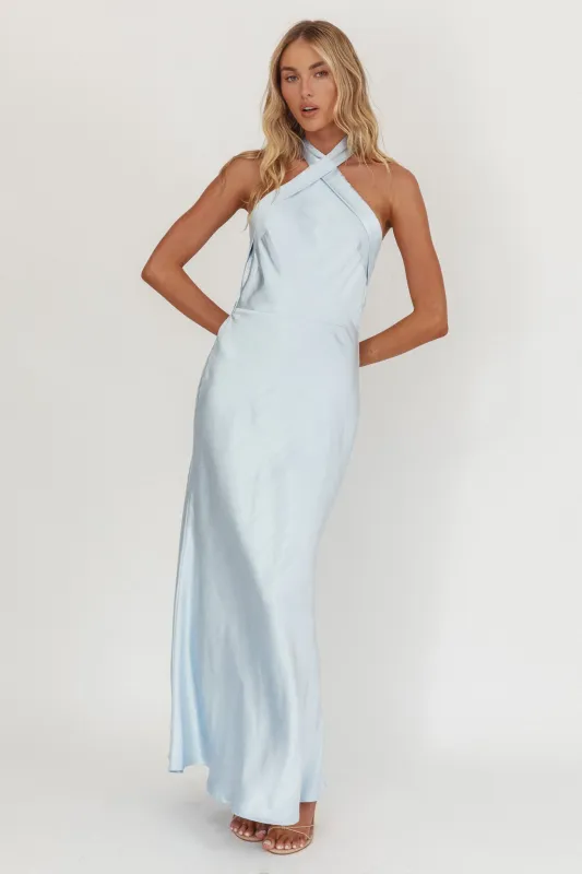Italia Azure Crossover Halterneck Maxi Dress Ice Blue sold by Selfie Leslie