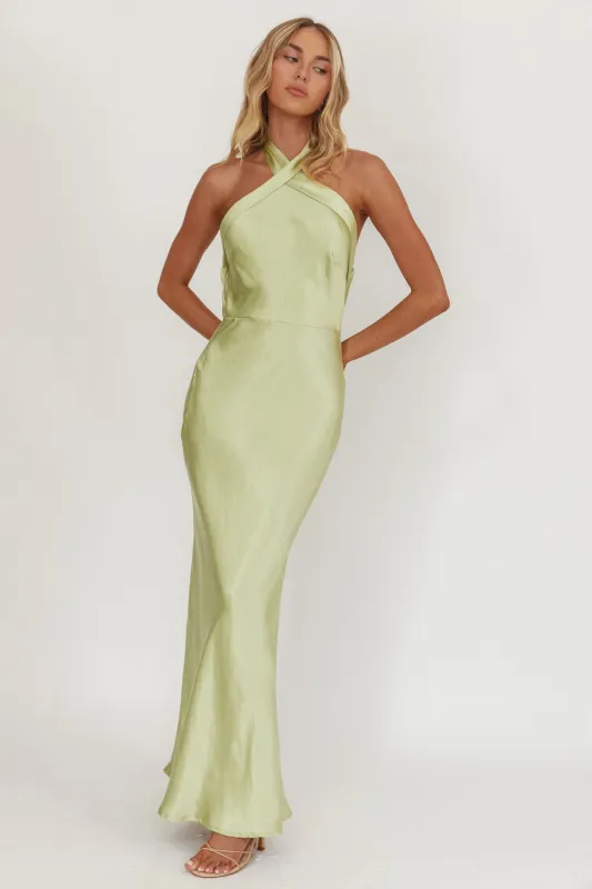 Italia Azure Crossover Halterneck Maxi Dress Pistachio sold by Selfie Leslie