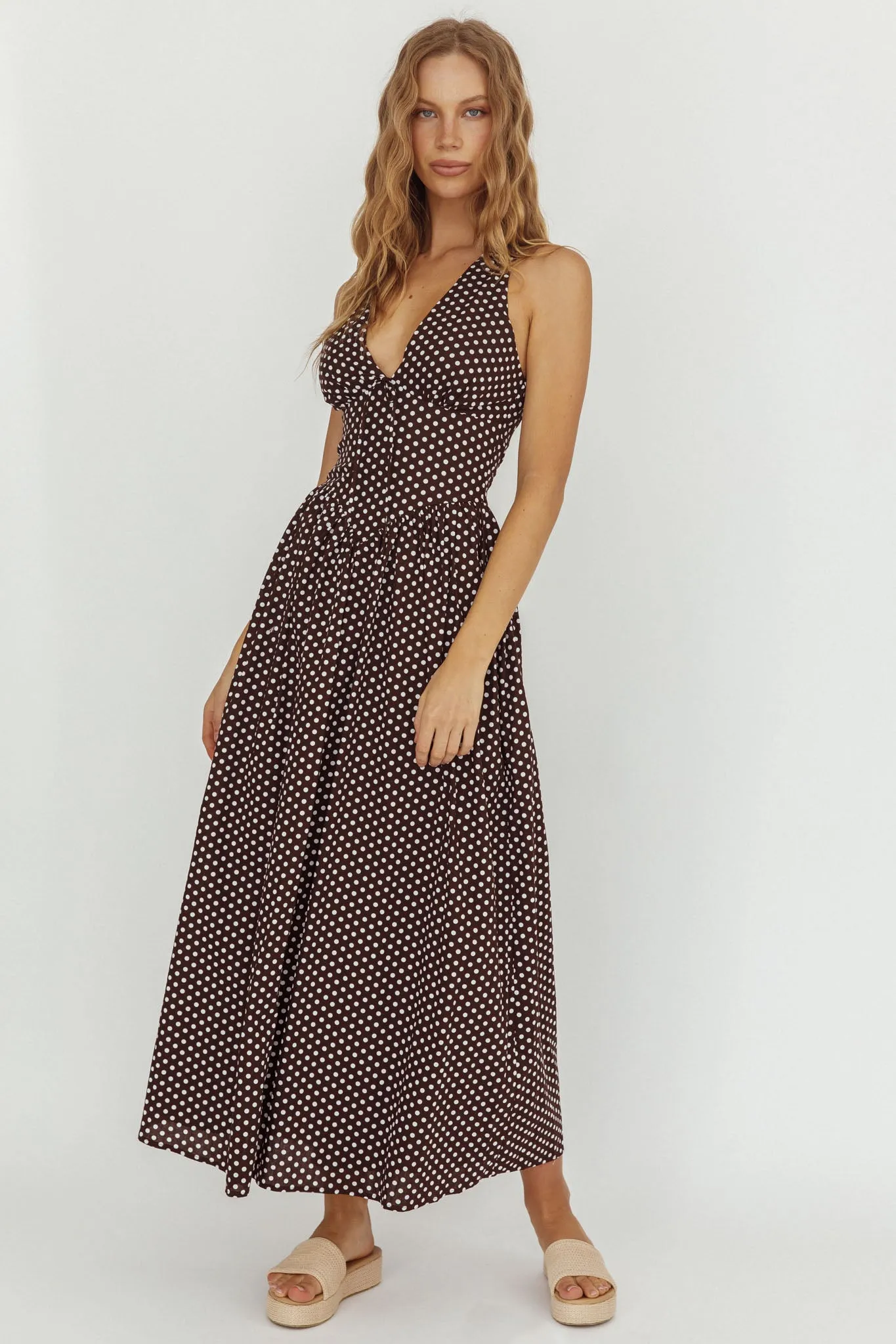 Clarette Basque Waist Open Back Maxi Dress Spotted Chocolate sold by Selfie Leslie product image thumbnail 4