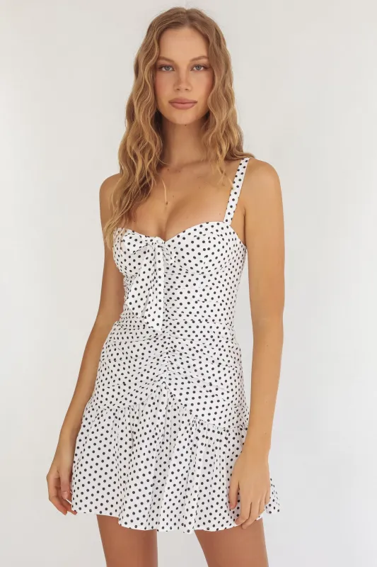 Rachelle Tied Bust Ruched Mini Dress Spotted White/Navy sold by Selfie Leslie