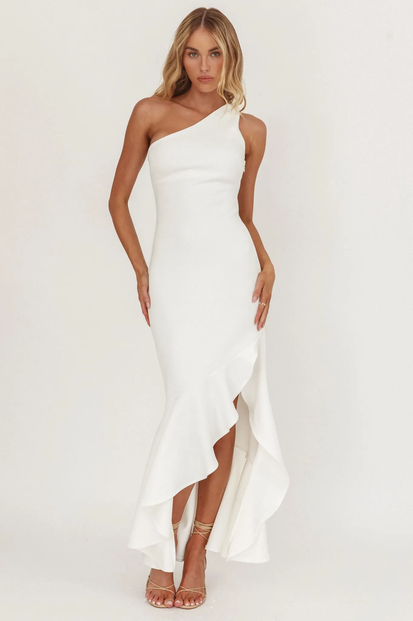 Lights On One-Shoulder Split Ruffle Hem Maxi Dress White sold by Selfie Leslie