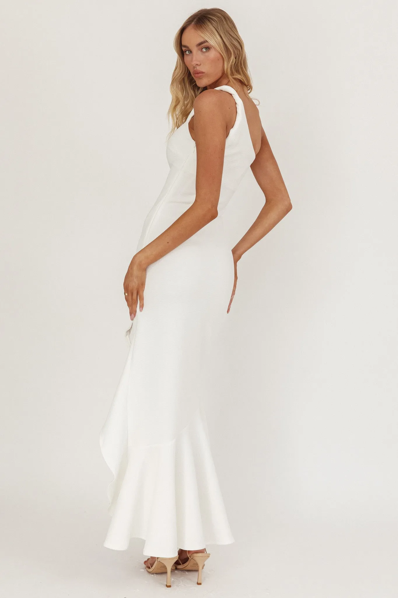 Lights On One-Shoulder Split Ruffle Hem Maxi Dress White sold by Selfie Leslie product image thumbnail 2