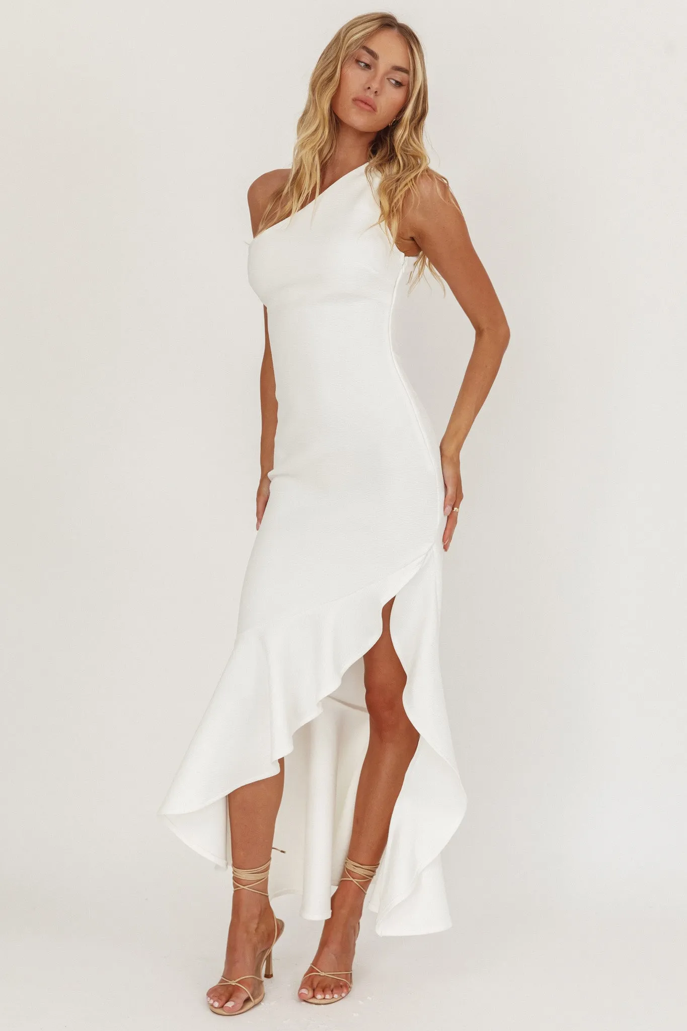 Lights On One-Shoulder Split Ruffle Hem Maxi Dress White sold by Selfie Leslie product image thumbnail 4