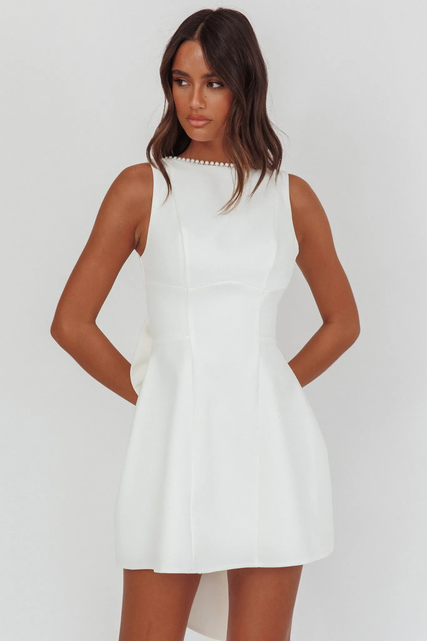 Opulent Pearl Trim Oversized Bow Mini Dress White sold by Selfie Leslie