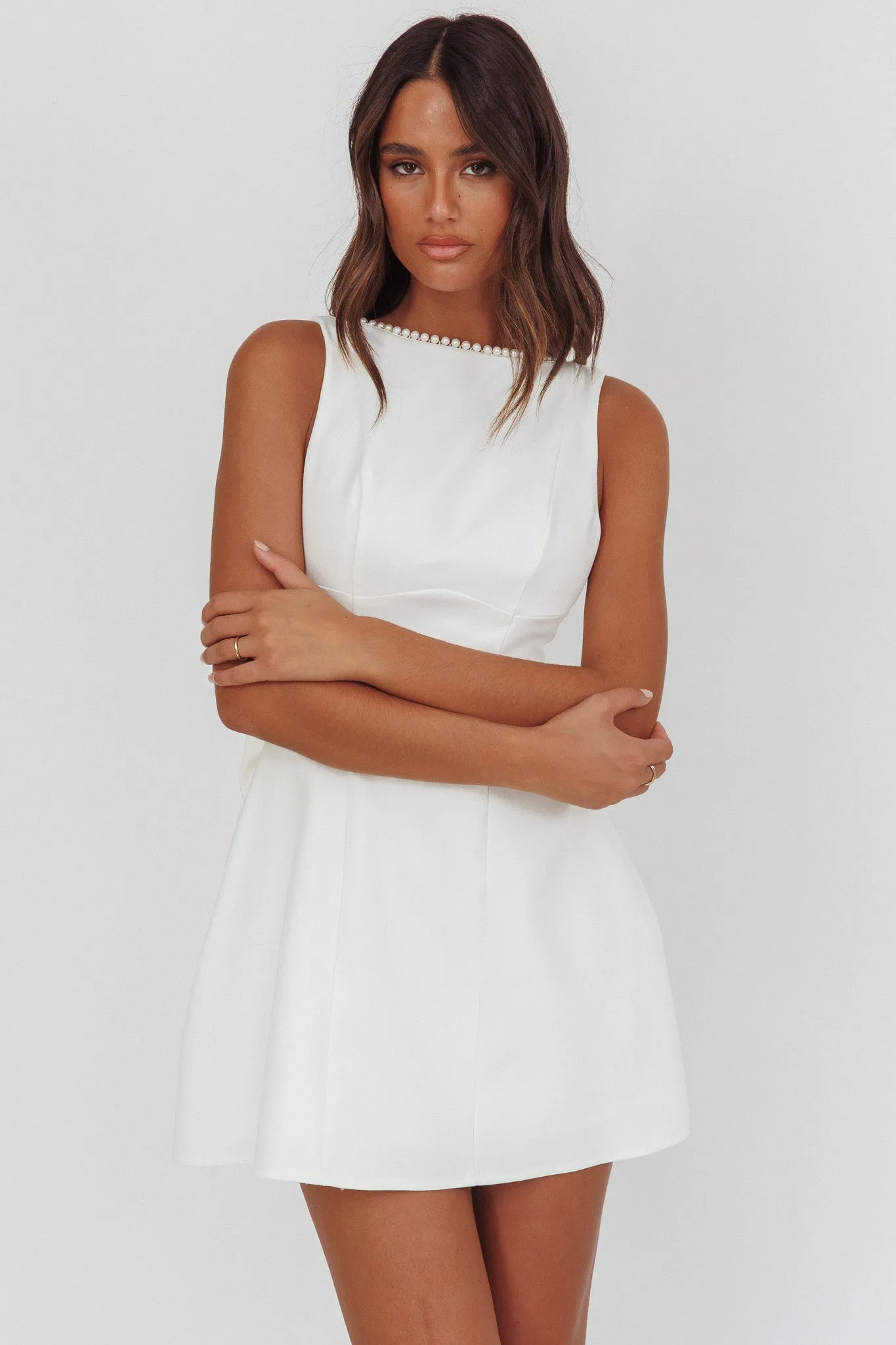 Opulent Pearl Trim Oversized Bow Mini Dress White sold by Selfie Leslie product image thumbnail 5