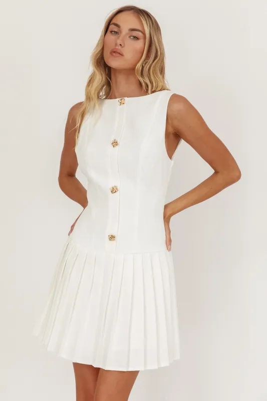 Opulent Pleat Skirt Button Mini Dress White sold by Selfie Leslie