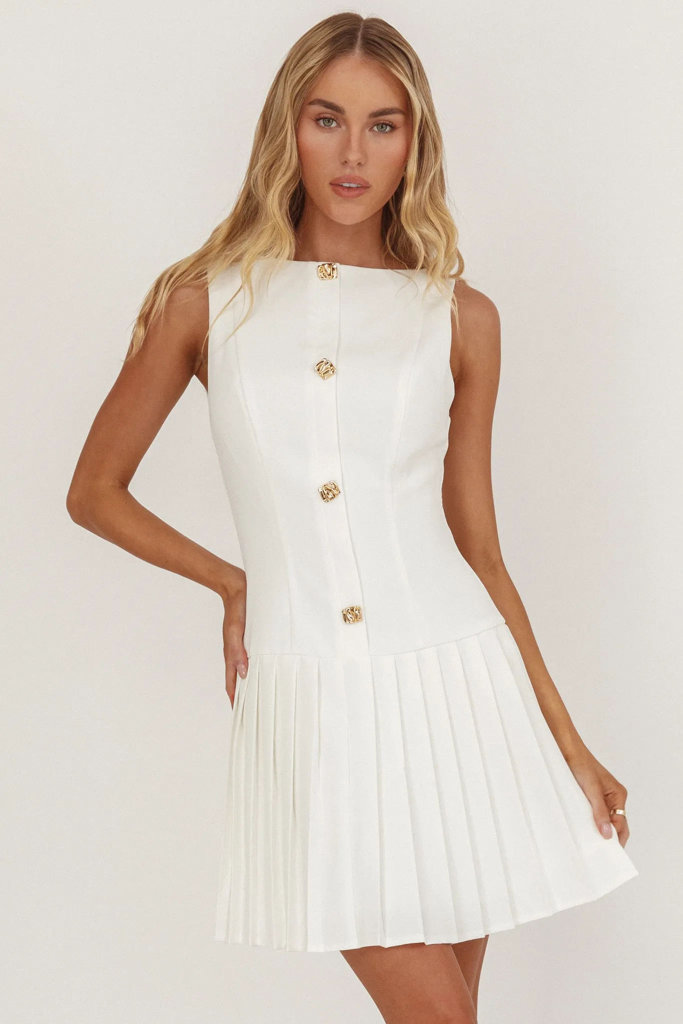 Opulent Pleat Skirt Button Mini Dress White sold by Selfie Leslie product image thumbnail 5