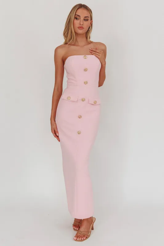 She Is Button Front Strapless Maxi Dress Pink sold by Selfie Leslie