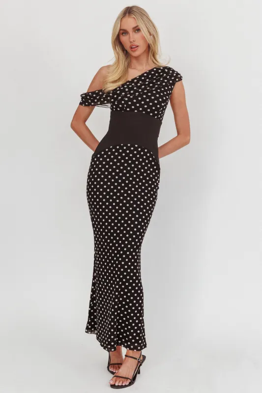 Milos Asymmetric Neckline Maxi Dress Black Dot sold by Selfie Leslie