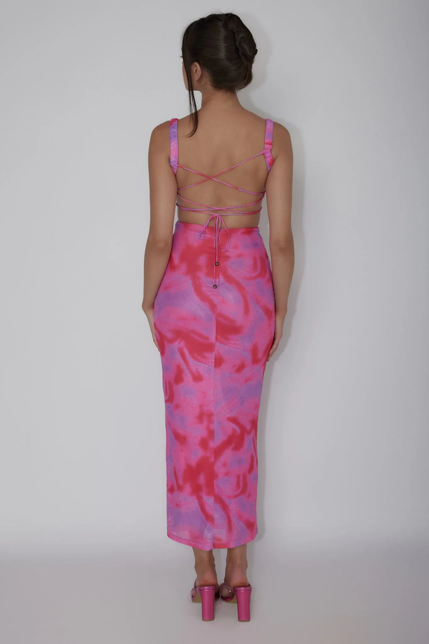 Dream Crush Lace-Up Back Side Split Maxi Dress Swirl Pink sold by Selfie Leslie product image thumbnail 2