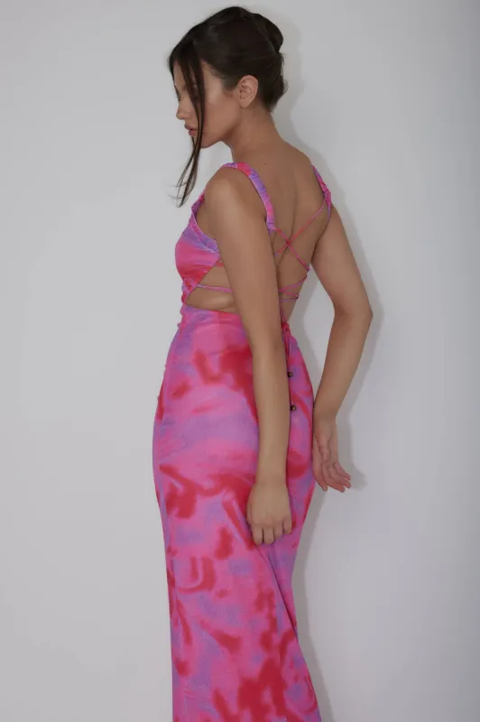 Dream Crush Lace-Up Back Side Split Maxi Dress Swirl Pink sold by Selfie Leslie