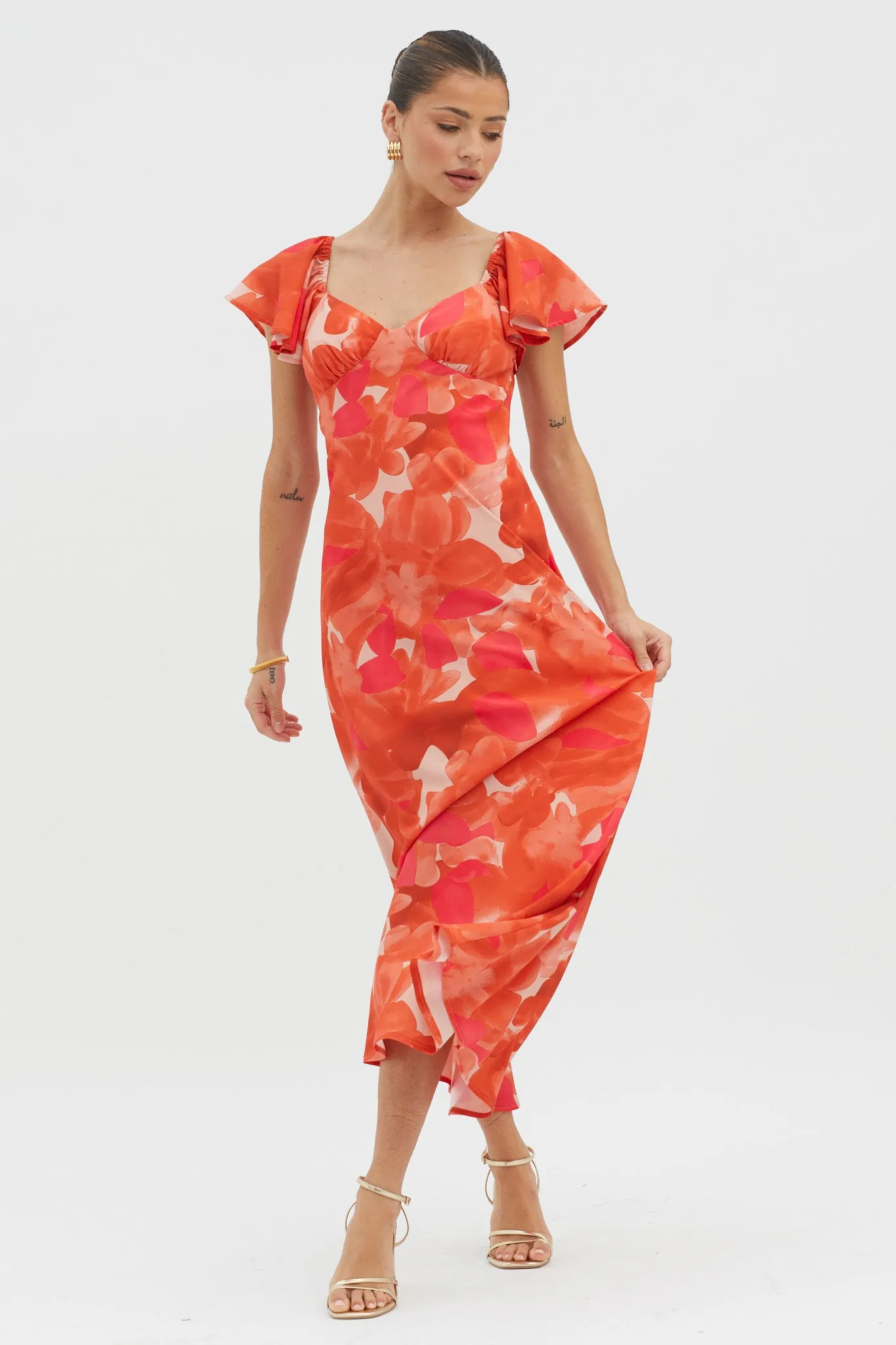 Park Avenue Flutter Sleeve Midi Dress Abstract Orange sold by Selfie Leslie product image thumbnail 3