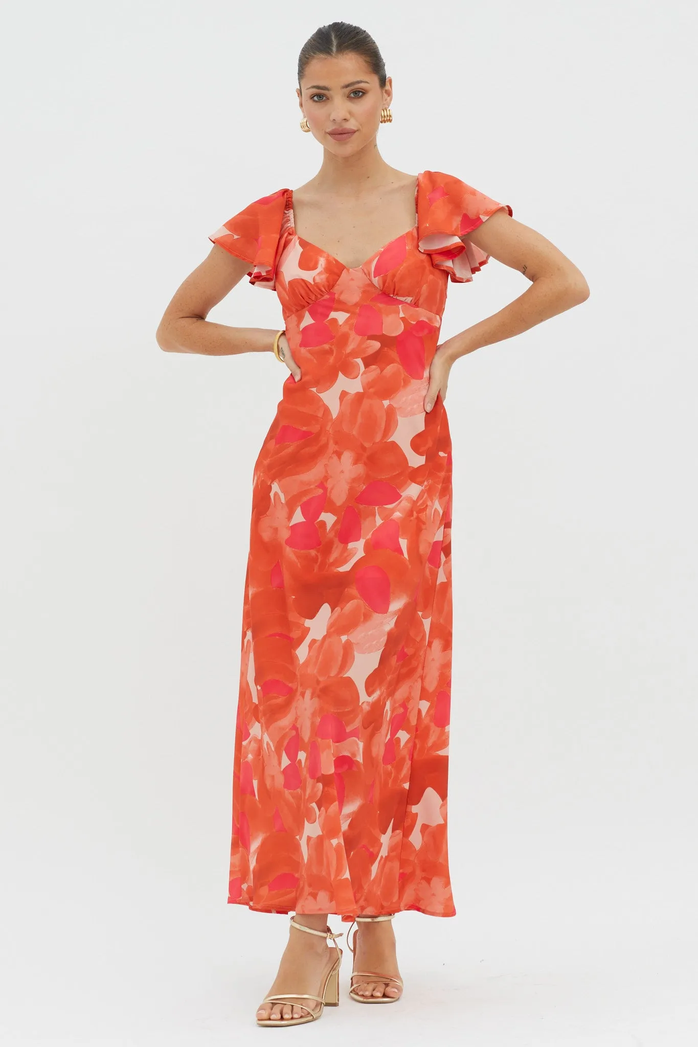 Park Avenue Flutter Sleeve Midi Dress Abstract Orange sold by Selfie Leslie
