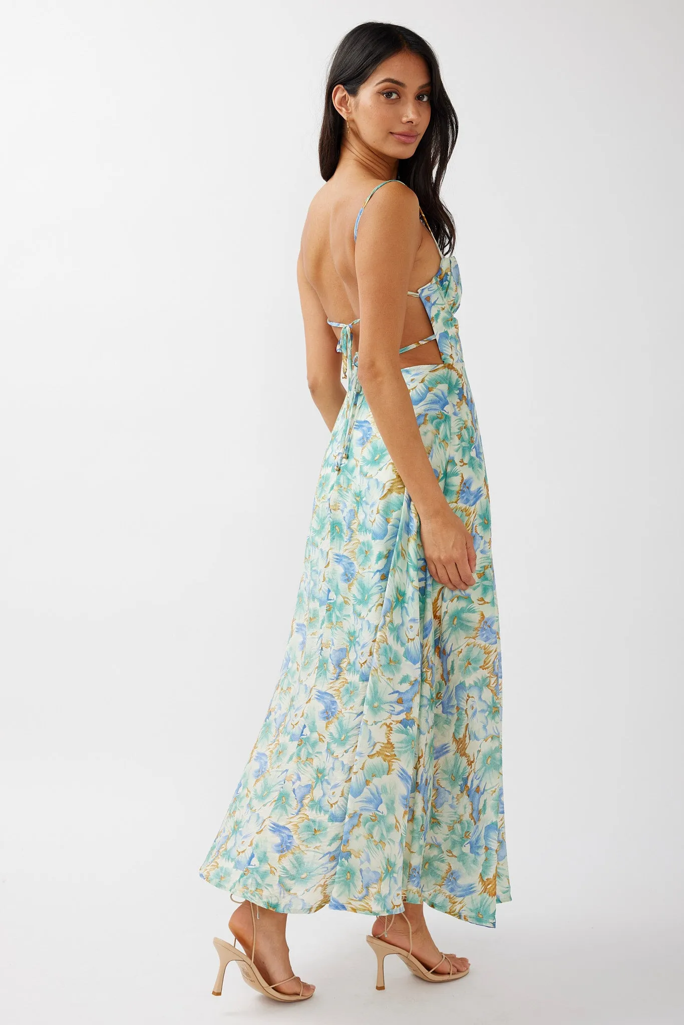 Echoes Tied Back A-Line Midi Dress Floral Green sold by Selfie Leslie product image thumbnail 2