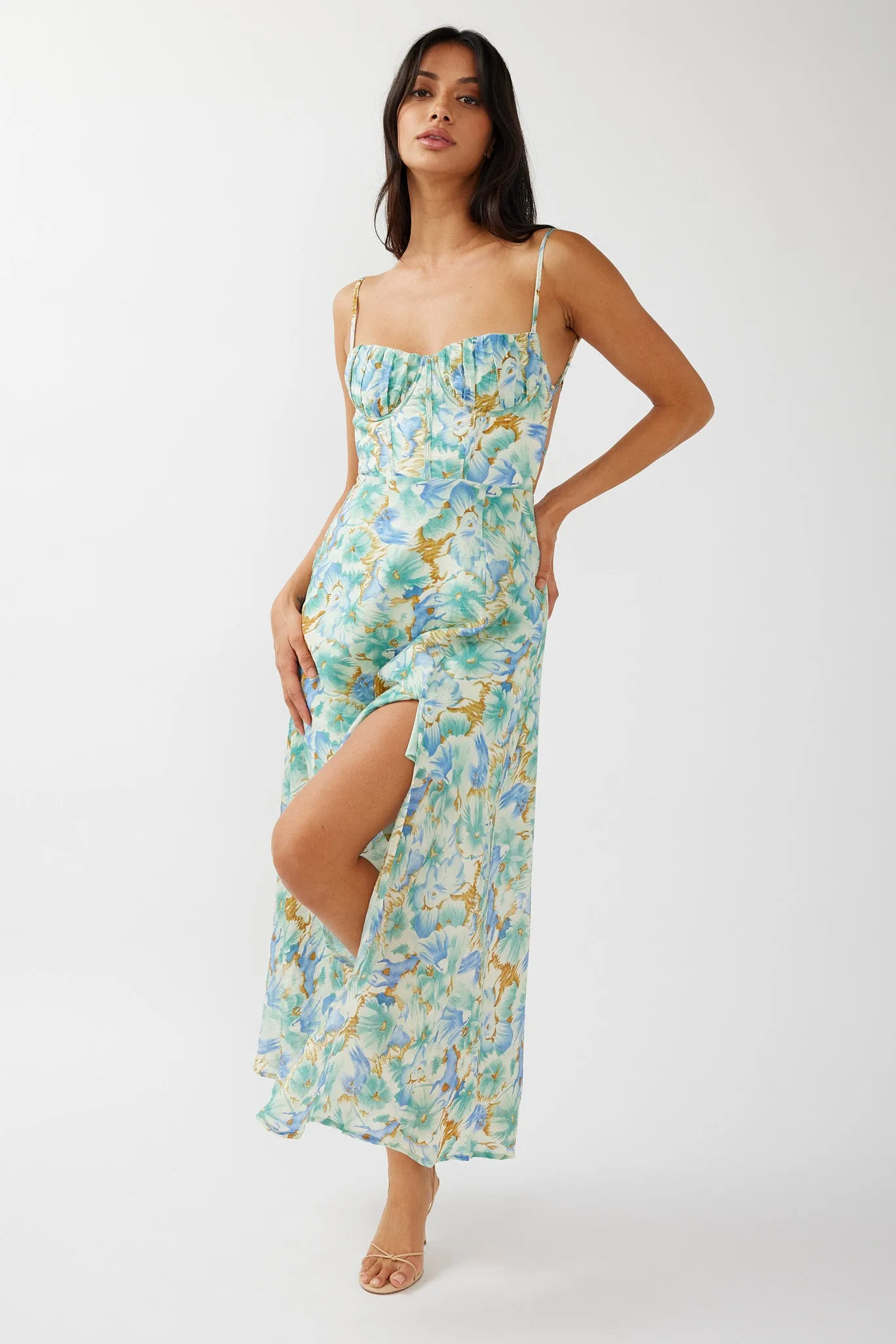Echoes Tied Back A-Line Midi Dress Floral Green sold by Selfie Leslie product image thumbnail 5