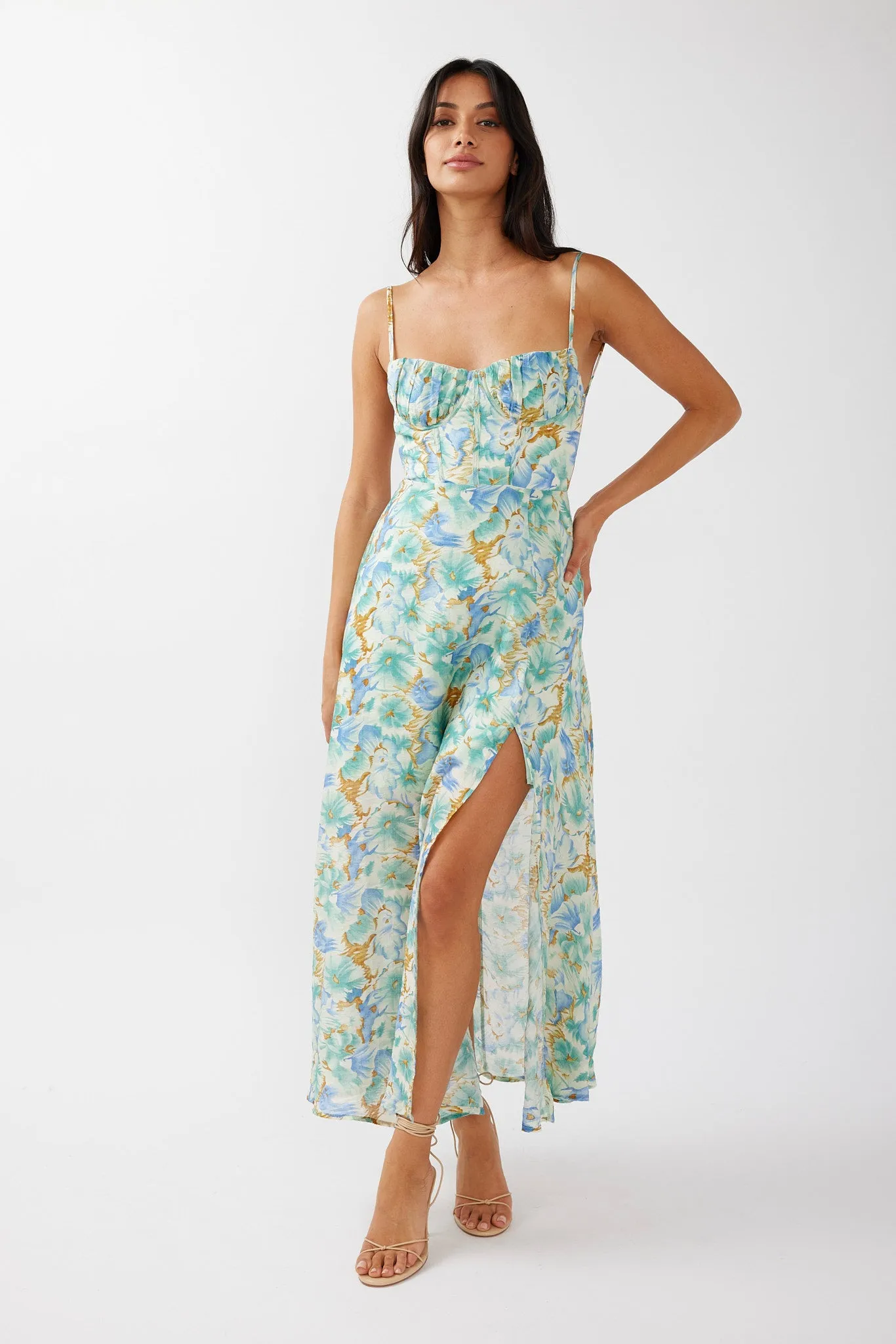 Echoes Tied Back A-Line Midi Dress Floral Green sold by Selfie Leslie