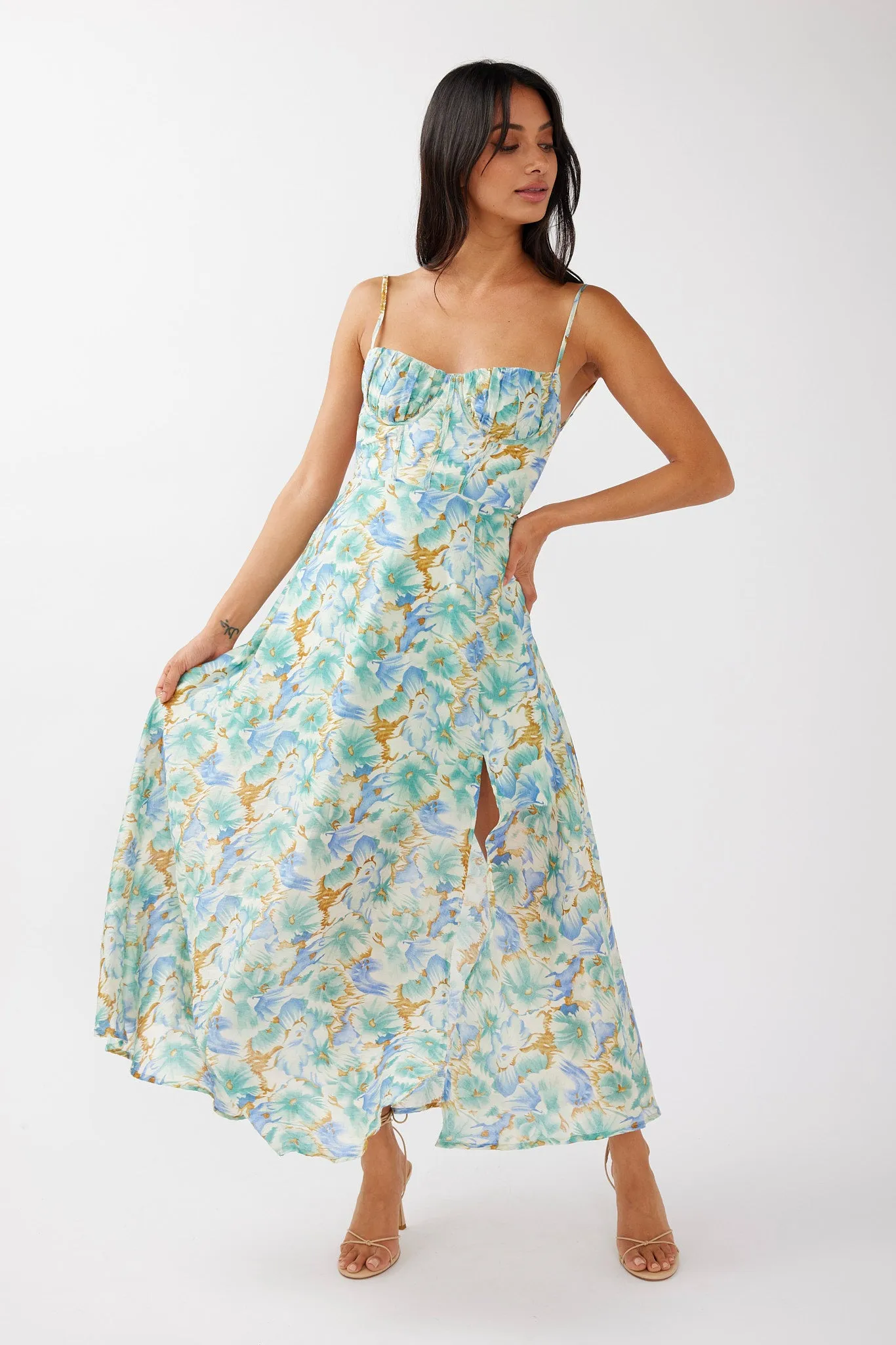 Echoes Tied Back A-Line Midi Dress Floral Green sold by Selfie Leslie product image thumbnail 3