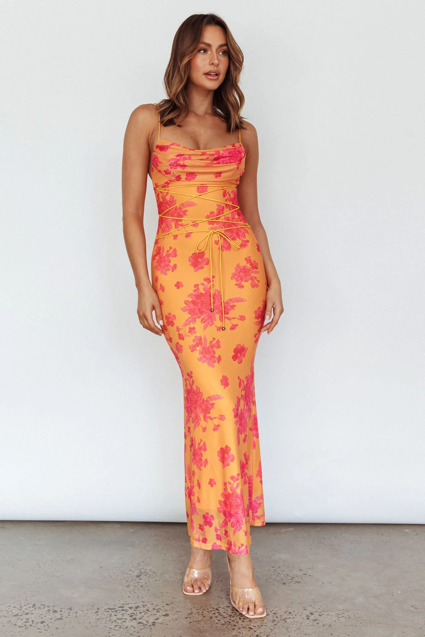 Teava Laced Waist Maxi Dress Floral Orange sold by Selfie Leslie