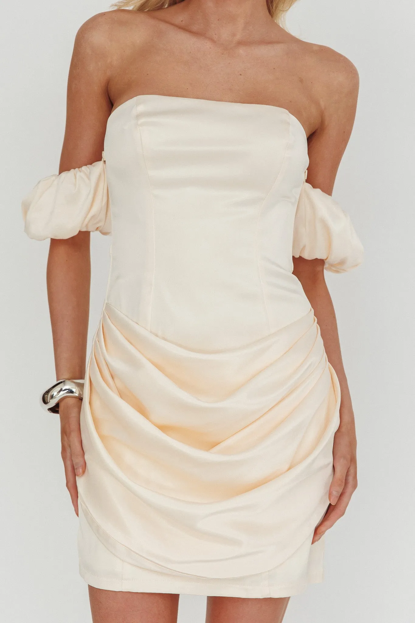 Everly Off-Shoulder Drape Mini Dress Cream sold by Selfie Leslie product image thumbnail 3