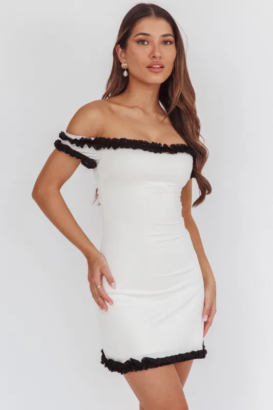 Maysie Off-Shoulder Frill Trim Mini Dress Cream sold by Selfie Leslie