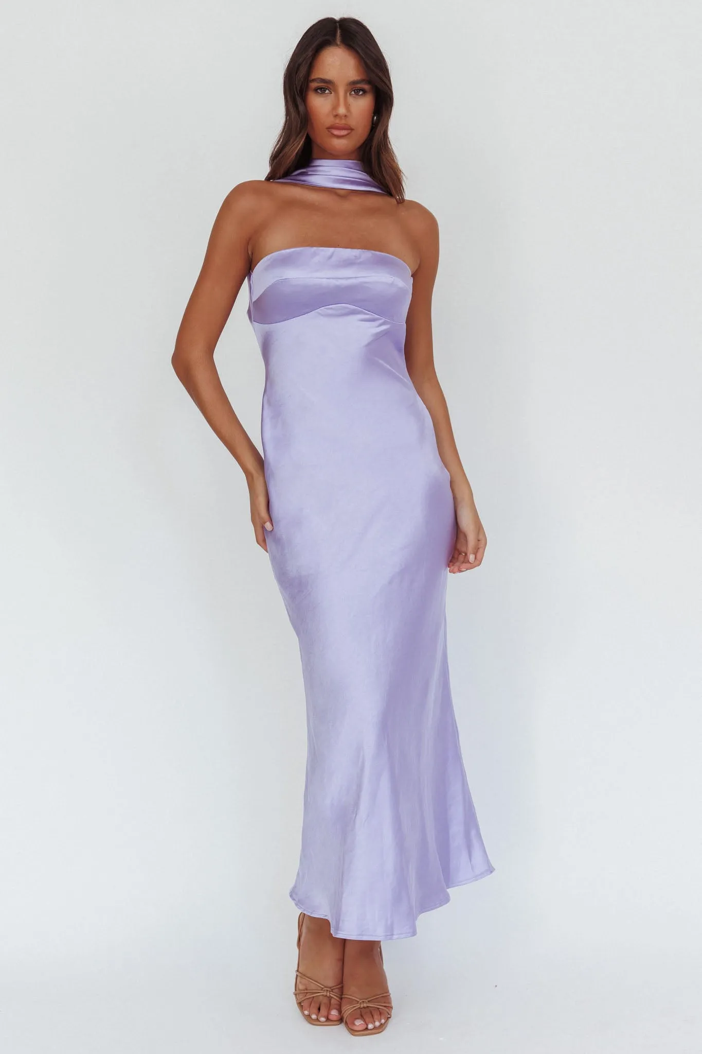 Damsel Reverse Halter Maxi Dress Satin Lilac sold by Selfie Leslie