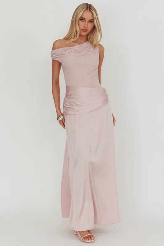 Diana Asymmetric Shoulder Pleat Waist Maxi Dress Blush sold by Selfie Leslie