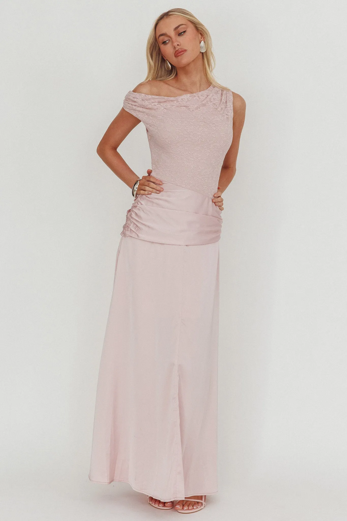 Diana Asymmetric Shoulder Pleat Waist Maxi Dress Blush sold by Selfie Leslie product image thumbnail 5