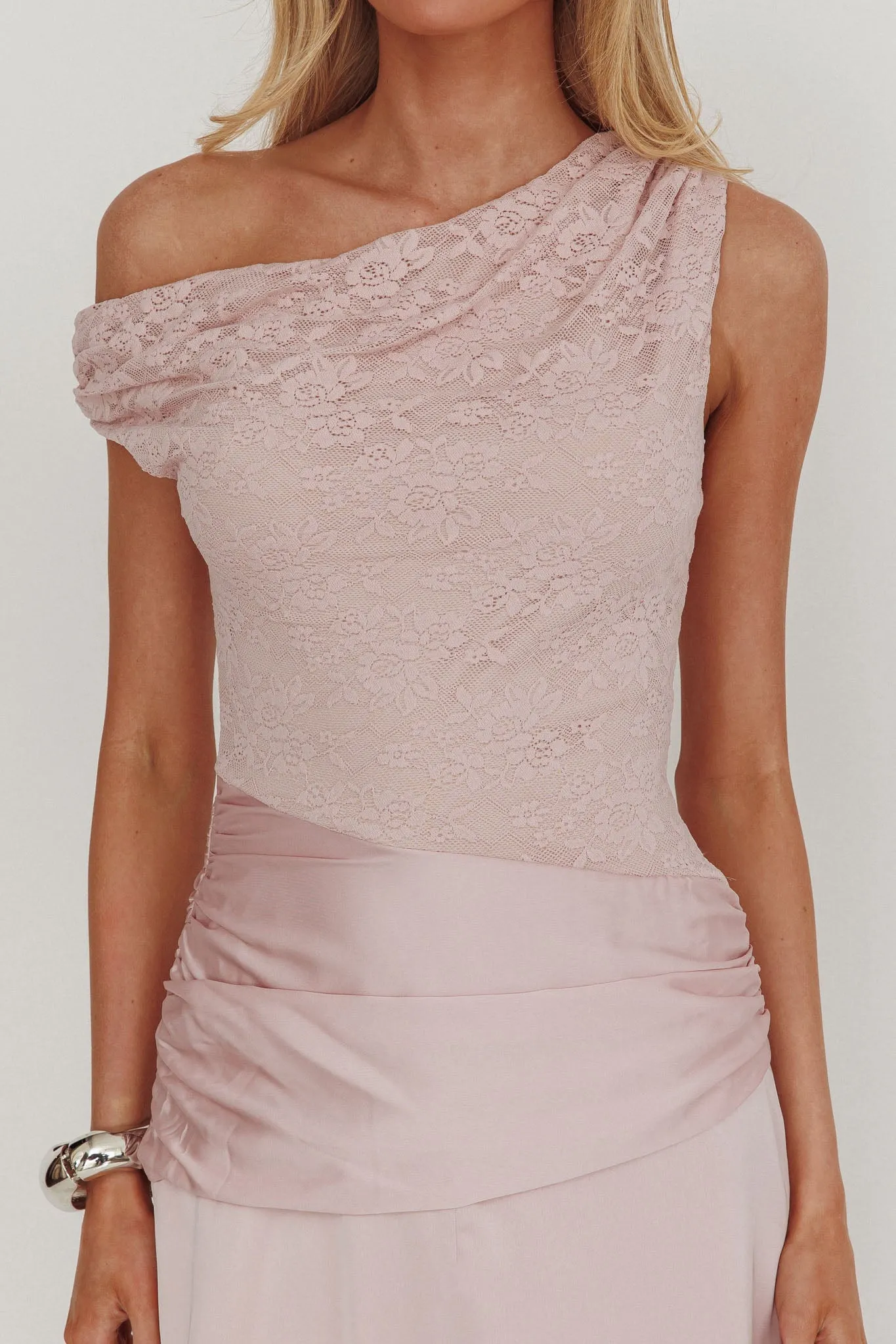 Diana Asymmetric Shoulder Pleat Waist Maxi Dress Blush sold by Selfie Leslie product image thumbnail 3