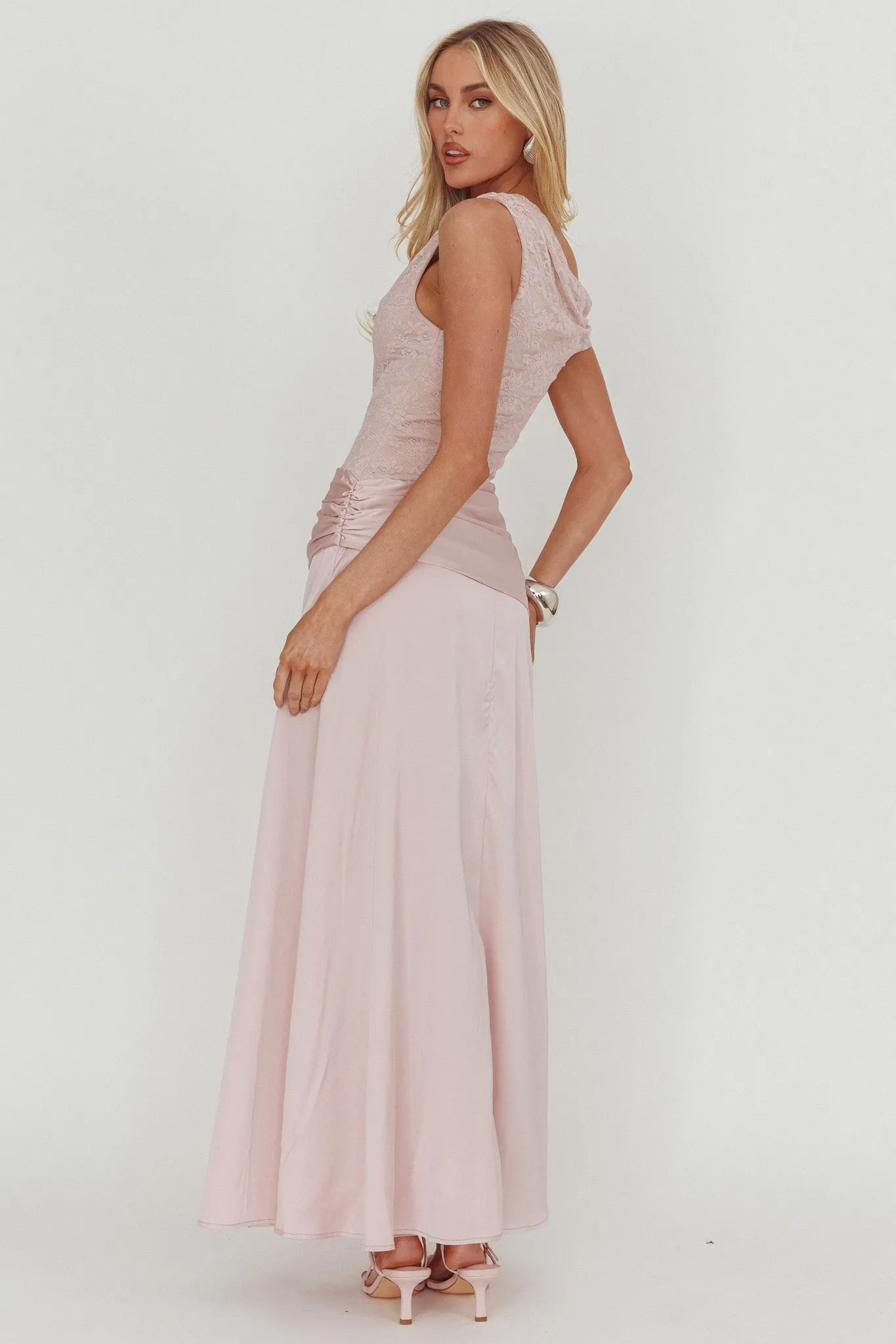 Diana Asymmetric Shoulder Pleat Waist Maxi Dress Blush sold by Selfie Leslie product image thumbnail 2