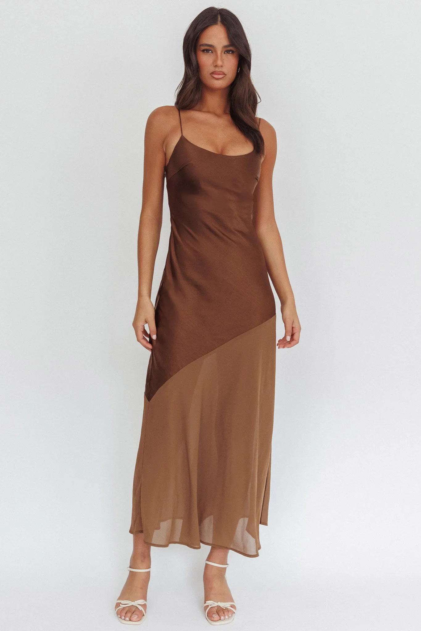 Gilded Dream Chiffon Hem Maxi Dress Chocolate sold by Selfie Leslie