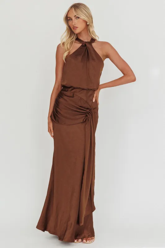 Linette Halterneck Draped Sash Maxi Dress Chocolate sold by Selfie Leslie