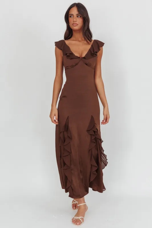Zerai Ruffle Trimmed Maxi Dress Chocolate sold by Selfie Leslie