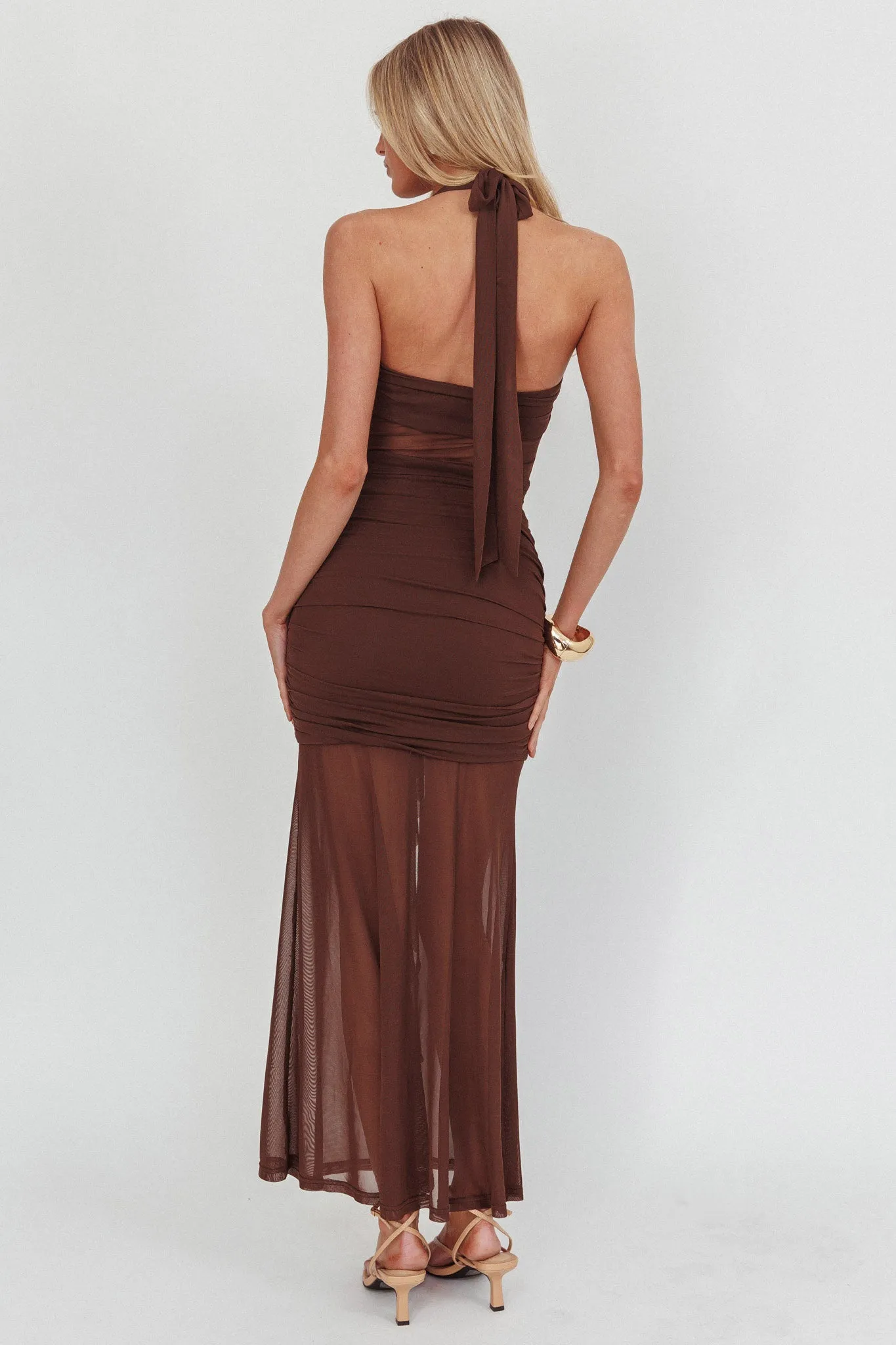 Rayah Sheer Insert Ruched Maxi Dress Chocolate sold by Selfie Leslie product image thumbnail 2