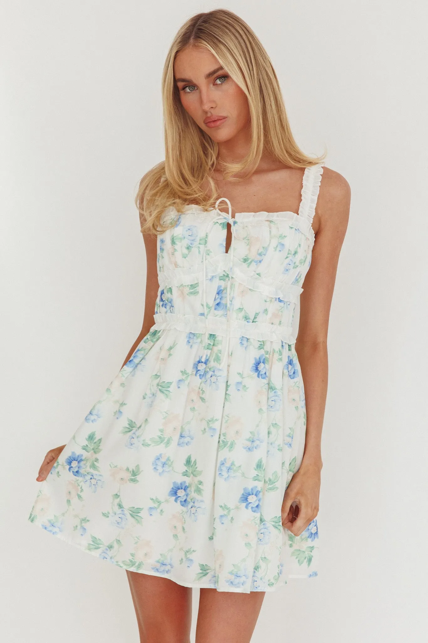 Jordanne Frill Trim Mini Dress Floral Blue sold by Selfie Leslie