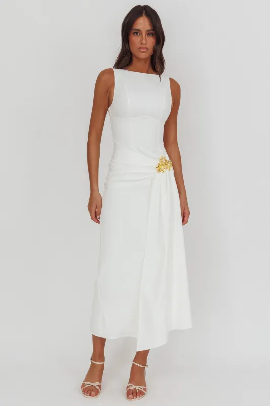 Zimora Gold Buckle Waist Drape Maxi Dress White sold by Selfie Leslie
